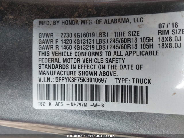 Honda Ridgeline Rtl-e 2019 5FPYK3F75KB010697 Image 9