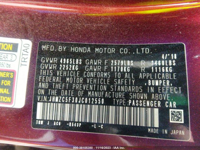 JHMZC5F30JC012550 Honda Clarity Plug-in Hybrid Touring