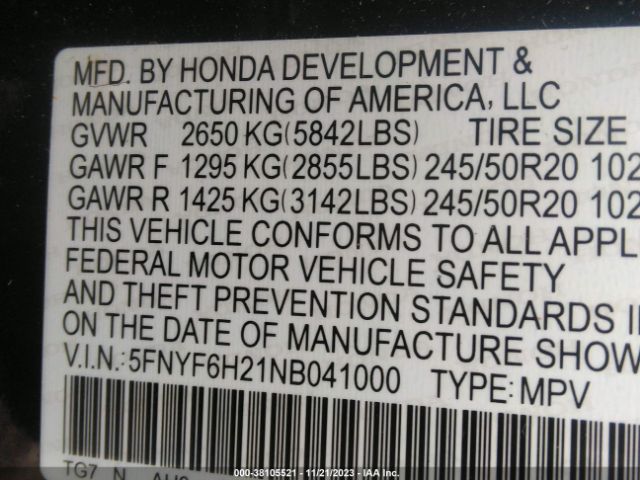 5FNYF6H21NB041000 Honda Pilot Awd Special Edition