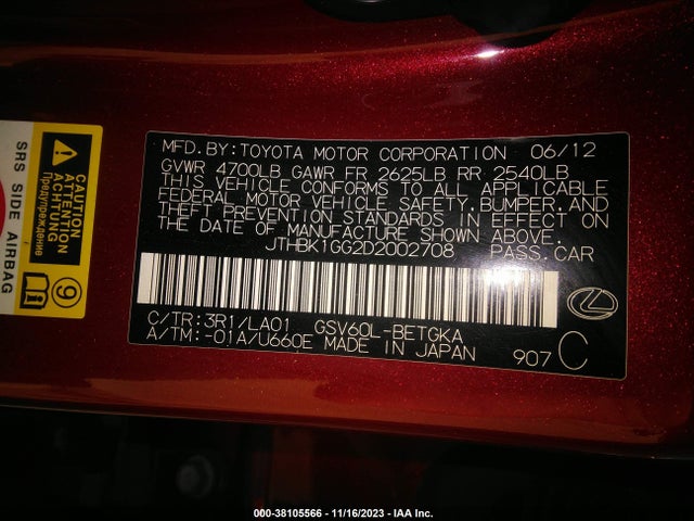 2013 LEXUS ES 350 VIN: JTHBK1GG2D2002708