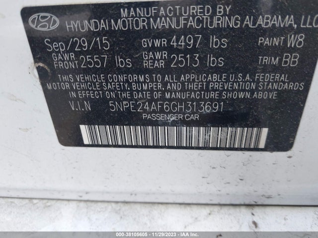 2016 HYUNDAI SONATA SE VIN: 5NPE24AF6GH313691