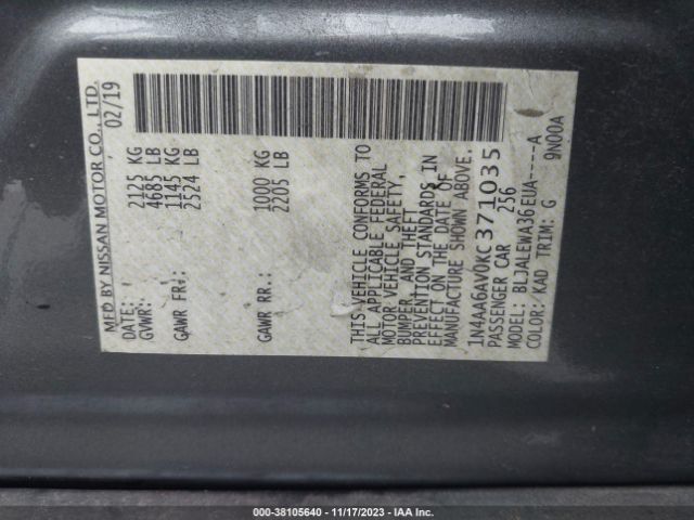 1N4AA6AV0KC371035 Nissan Maxima 3.5 Sl