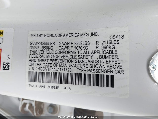 Honda ACCORD EX 2018 1HGCV1F44JA171720 Image 9