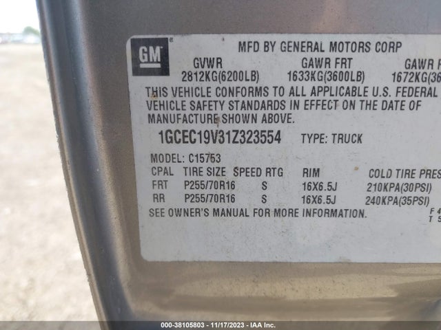 2001 CHEVROLET SILVERADO 1500 VIN: 1GCEC19V31Z323554