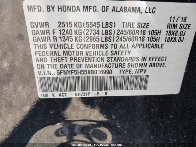 Honda Pilot Ex-l 2019 5FNYF5H55KB016990 Image 9