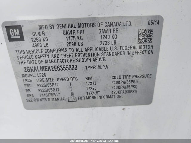 GMC Terrain Sle-1 2014 2GKALMEK2E6355333 Image 9