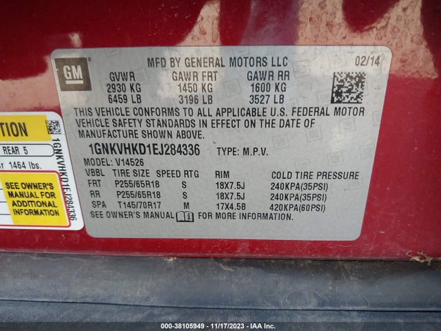 Chevrolet Traverse 2lt 2014 1GNKVHKD1EJ284336 Image 9