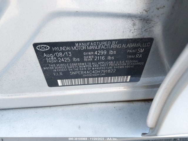 2013 HYUNDAI SONATA GLS VIN: 5NPEB4AC4DH791822