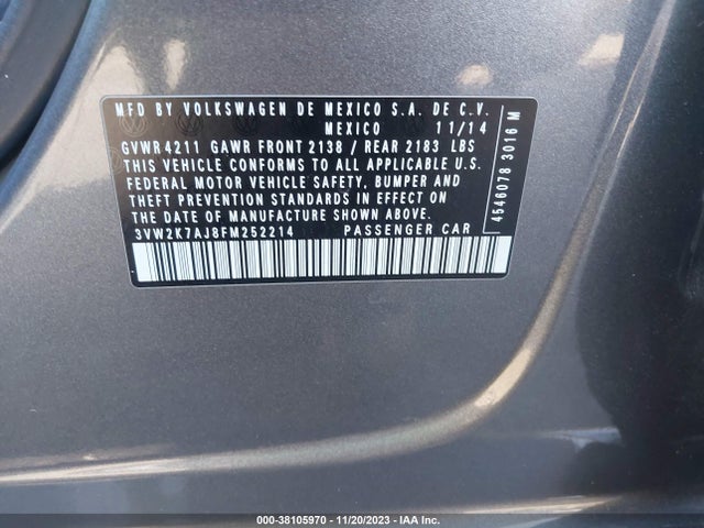 3VW2K7AJ8FM252214 Volkswagen Jetta 2.0l S