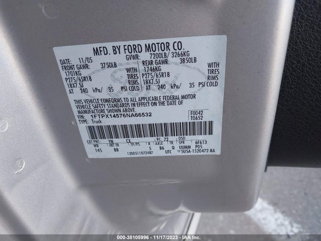 2006 FORD F-150 FX4/LARIAT/XL/XLT VIN: 1FTPX14576NA66532