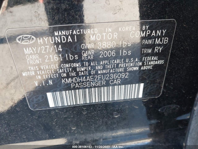 2015 HYUNDAI ELANTRA SE (ULSAN PLANT) VIN: KMHDH4AE2FU236092