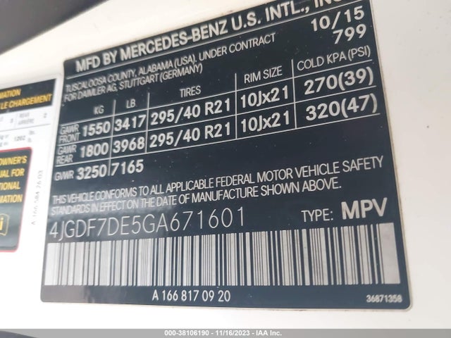 2016 MERCEDES-BENZ GL 550 VIN: 4JGDF7DE5GA671601