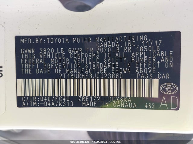 38106425 :رقم المزاد ، 2T1BURHE8JC023860 vin ، 2018 Toyota Corolla Se مزاد بيع