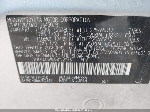 2006 TOYOTA RAV4 VIN: JTMZD33V965022076