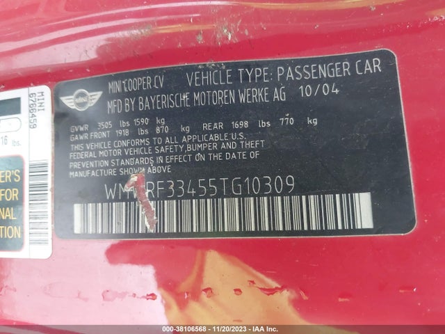 2005 MINI COOPER VIN: WMWRF33455TG10309