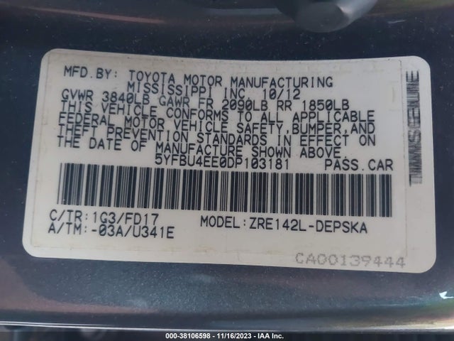2013 TOYOTA COROLLA S VIN: 5YFBU4EE0DP103181