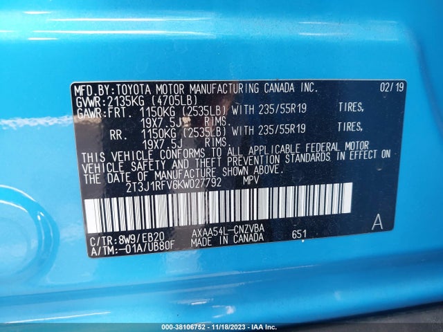 2019 TOYOTA RAV4 ADVENTURE VIN: 2T3J1RFV6KW027792