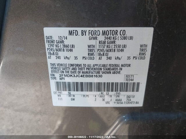2014 FORD EDGE SEL VIN: 2FMDK3JC4EBB81630