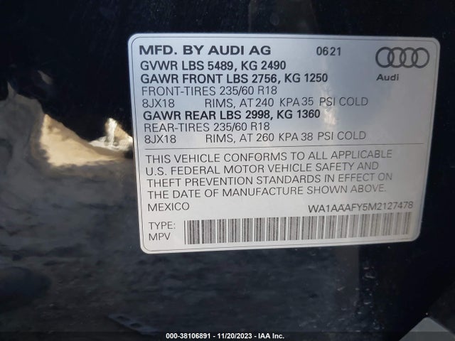 WA1AAAFY5M2127478 Audi Q5 Premium 45 Tfsi Quattro S Tronic