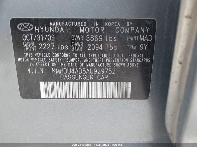 Продаж на аукціоні авто 2010 Hyundai Elantra Gls, vin: KMHDU4AD5AU929752, номер лоту: 38106893