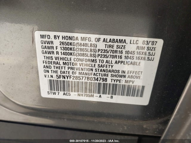 2007 HONDA PILOT EX-L VIN: 5FNYF28577B034798