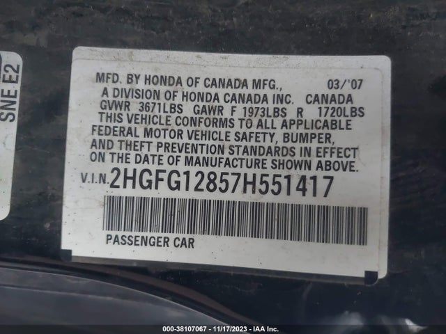 2007 HONDA CIVIC CPE EX VIN: 2HGFG12857H551417