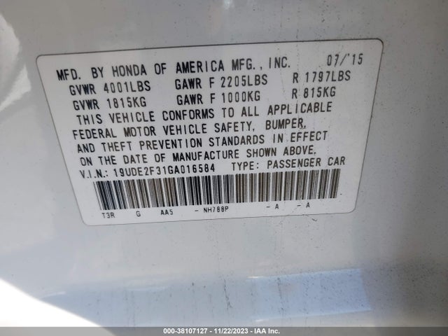 2016 ACURA ILX ACURAWATCH PLUS PACKAGE/2.4L VIN: 19UDE2F31GA016584