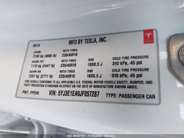 5YJ3E1EA9JF057287 Tesla Model 3 Long Range/mid Range