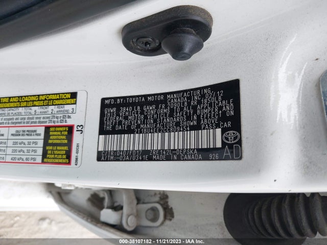 2012 TOYOTA COROLLA S VIN: 2T1BU4EE2CC809454