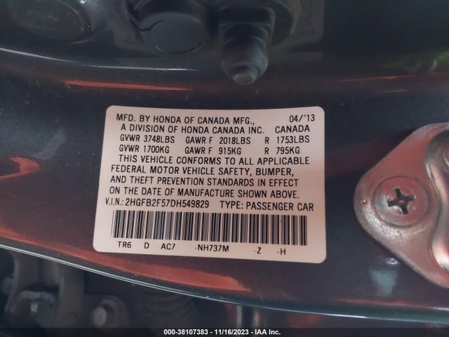 2013 HONDA CIVIC LX VIN: 2HGFB2F57DH549829