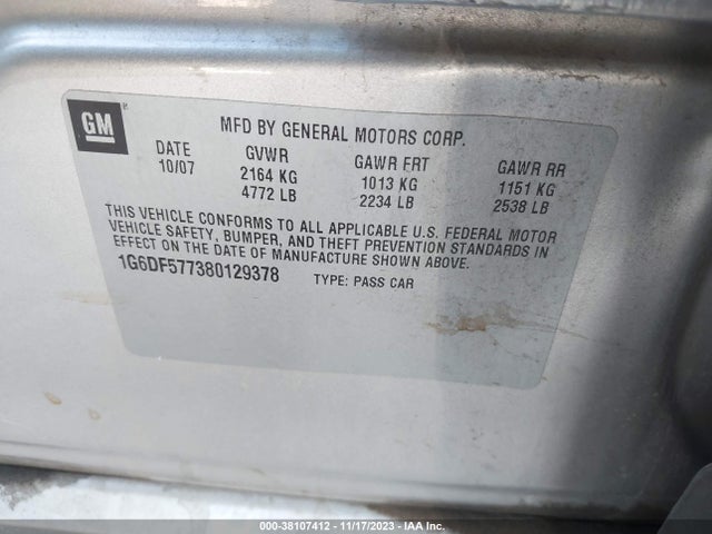 2008 CADILLAC CTS STANDARD VIN: 1G6DF577380129378