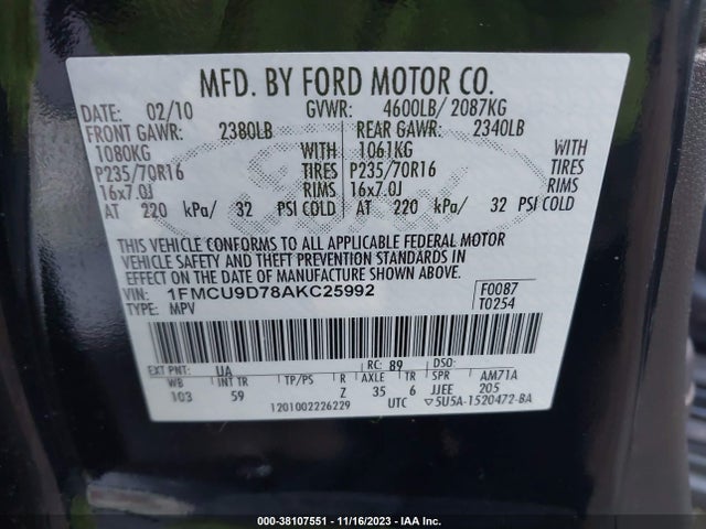 2010 FORD ESCAPE XLT VIN: 1FMCU9D78AKC25992