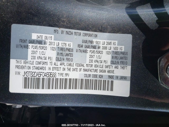 2015 MAZDA CX-9 GRAND TOURING VIN: JM3TB2DA5F0469588