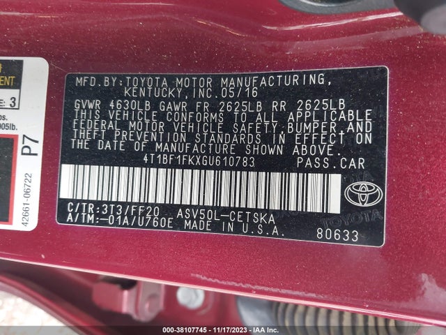 Toyota CAMRY SE 2016 4T1BF1FKXGU610783 Image 9