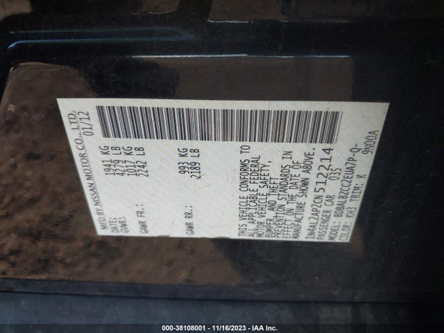 2012 NISSAN ALTIMA 2.5 S VIN: 1N4AL2AP2CN512214