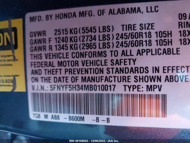 Honda Pilot 2wd Ex 2021 5FNYF5H34MB010017 Image 9