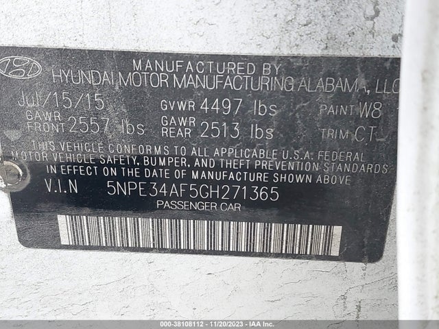 2016 HYUNDAI SONATA SPORT VIN: 5NPE34AF5GH271365