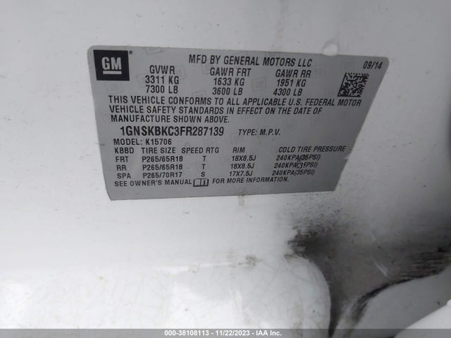 Chevrolet Tahoe Lt 2015 1GNSKBKC3FR287139 Image 9
