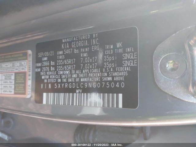 5XYRGDLC9NG075040 KIA SORENTO LX