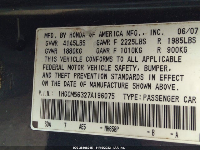 2007 HONDA ACCORD 2.4 SE VIN: 1HGCM56327A196075