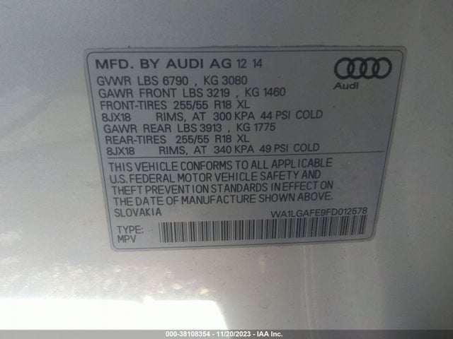 2015 AUDI Q7 3.0T PREMIUM VIN: WA1LGAFE9FD012578