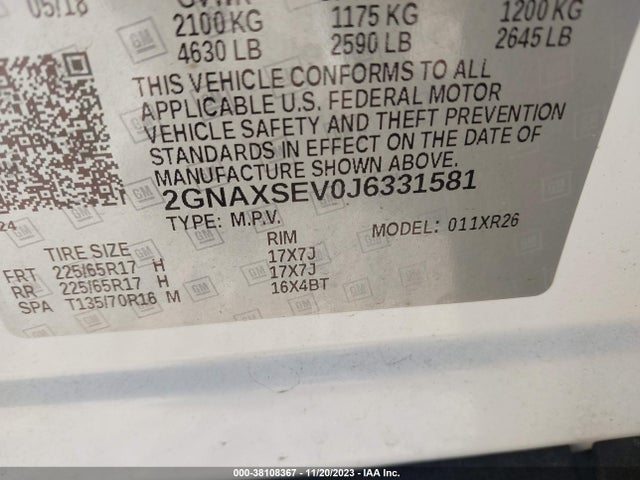 Chevrolet EQUINOX LT 2018 2GNAXSEV0J6331581 Image 9
