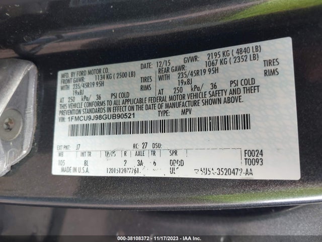 2016 FORD ESCAPE TITANIUM VIN: 1FMCU9J98GUB90521