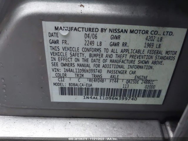 Продаж на аукціоні авто 2006 Nissan Altima 2.5 S, vin: 1N4AL11D96N399740, номер лоту: 38108375