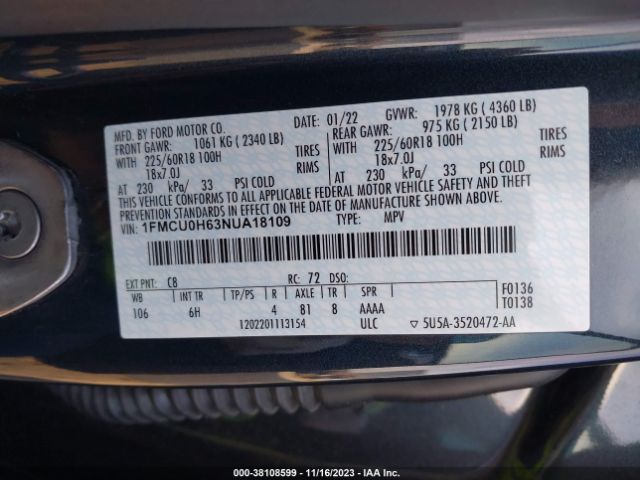 1FMCU0H63NUA18109 Ford ESCAPE SEL