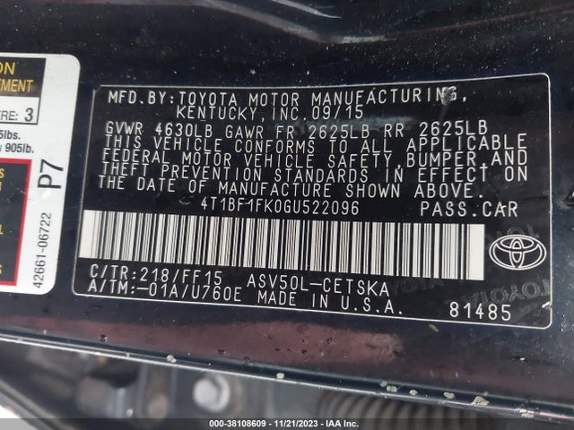 2016 TOYOTA CAMRY SE VIN: 4T1BF1FK0GU522096
