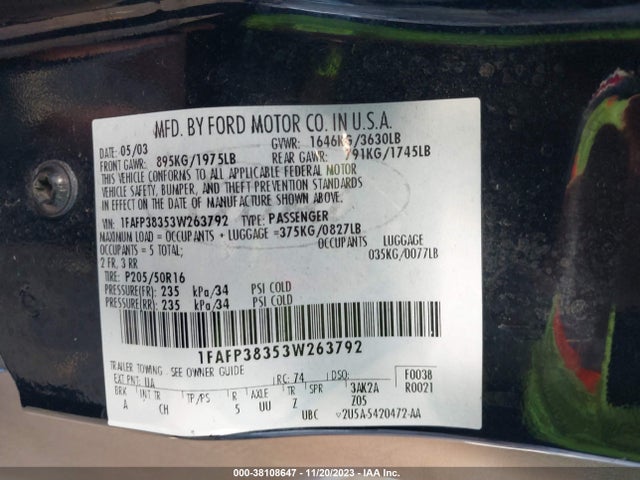2003 FORD FOCUS ZTS VIN: 1FAFP38353W263792