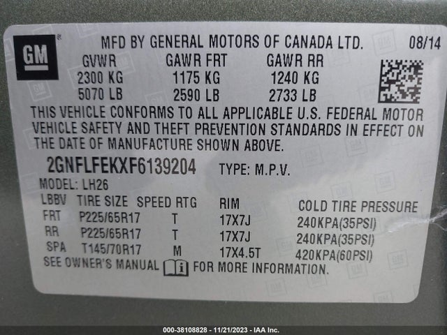 2015 CHEVROLET EQUINOX 1LT VIN: 2GNFLFEKXF6139204