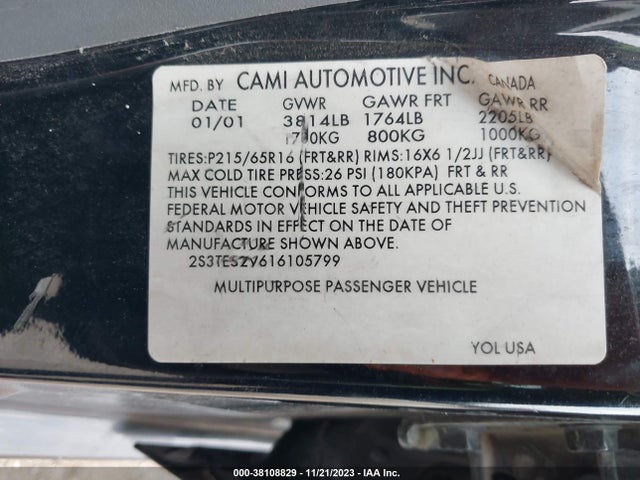 2001 SUZUKI VITARA JLS/JS VIN: 2S3TE52V616105799