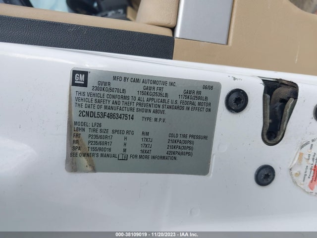 2008 CHEVROLET EQUINOX LT VIN: 2CNDL53F486347514